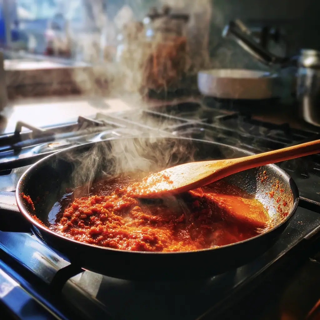 Rote Currypaste brät in einer Pfanne an, Basis für würziges thai curry