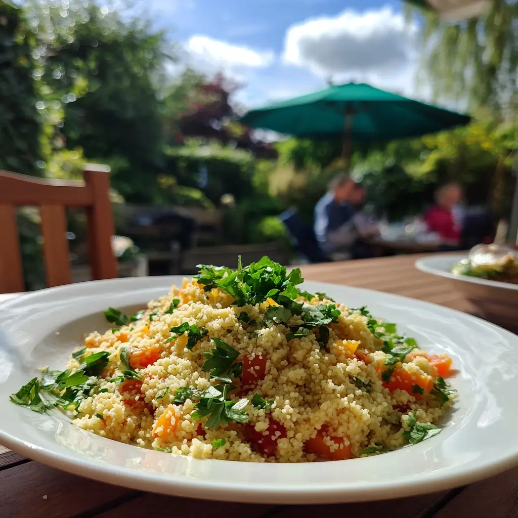 Couscous Rezept mit buntem Gemüse, Kichererbsen und Feta in einer großen Schüssel serviert