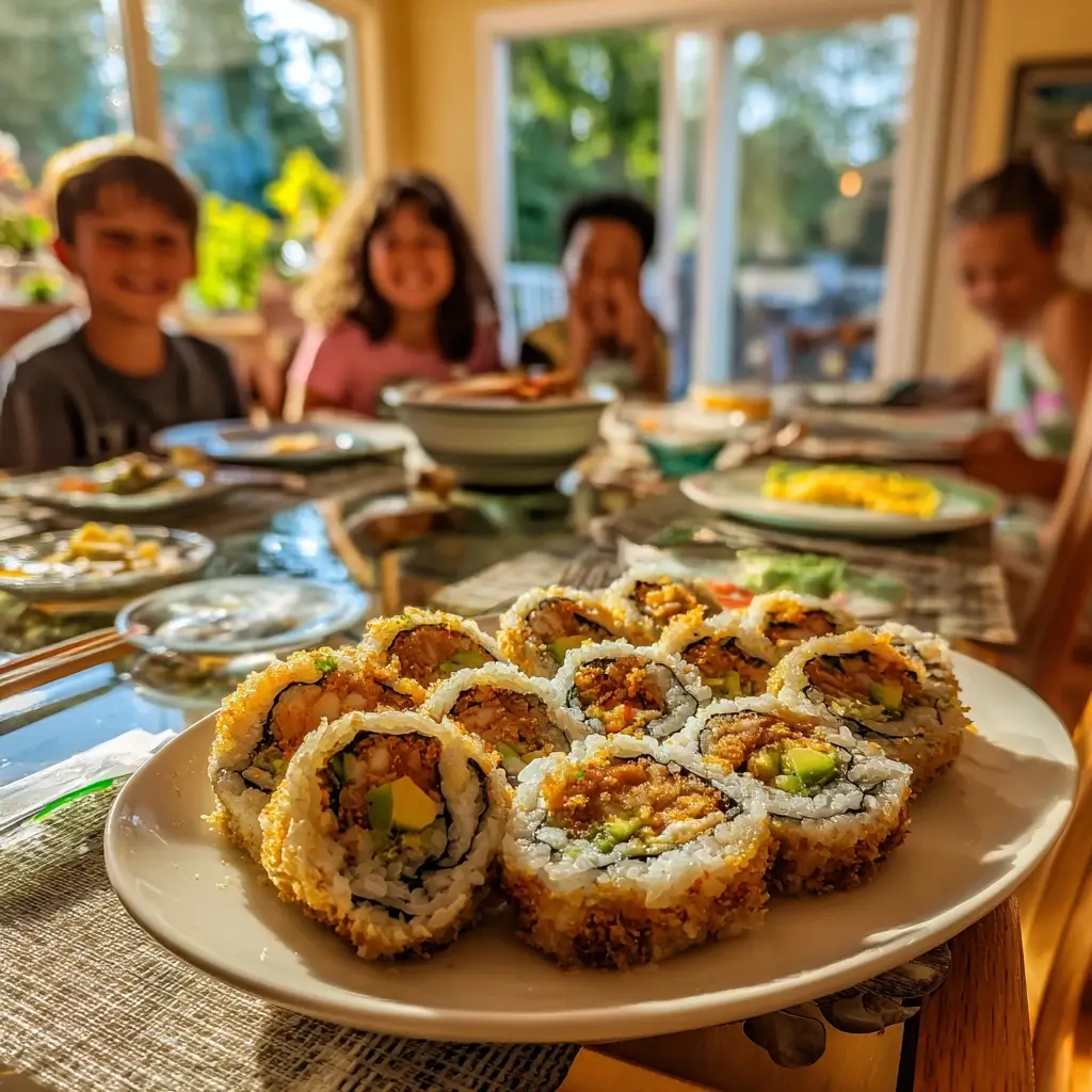 Servierfertiges tempura sushi mit Sesam und würziger Mayo auf Teller.