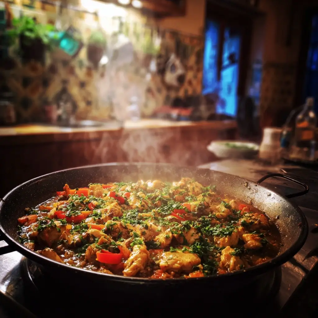 Paella Rezept mit Huhn und Paprika beim Anbraten in Olivenöl