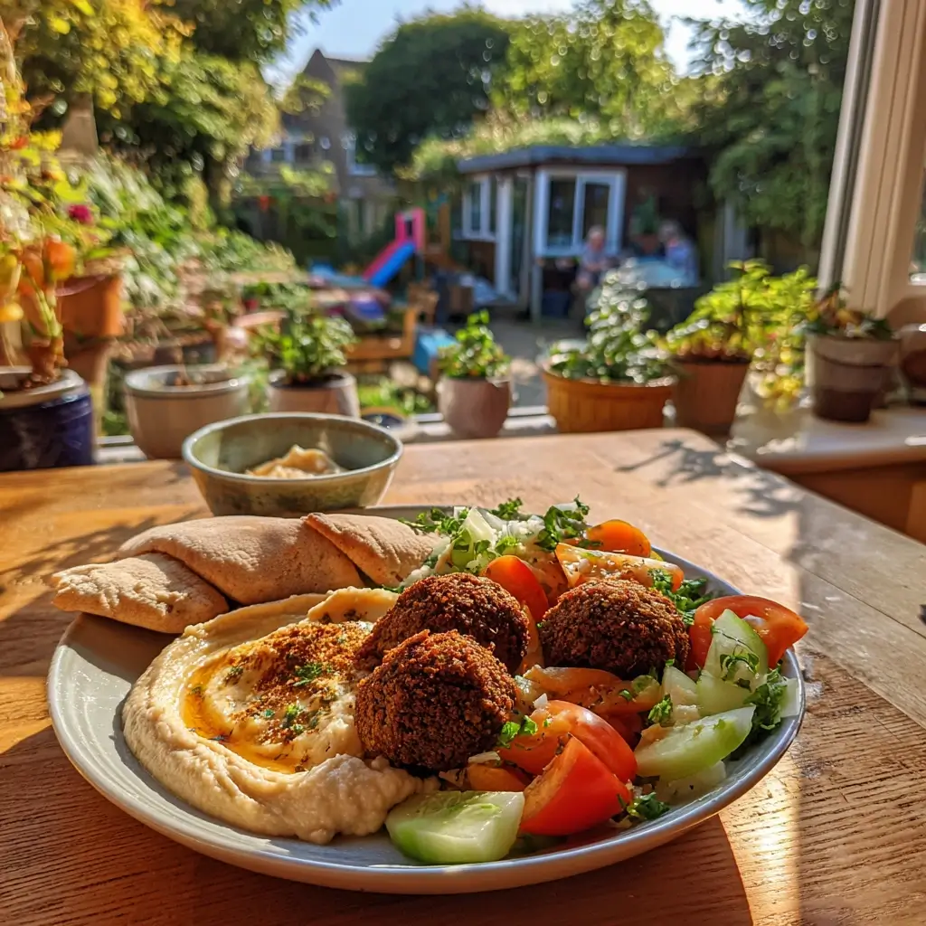 Falafel Rezept serviert mit Hummus, Salat und Tahini
