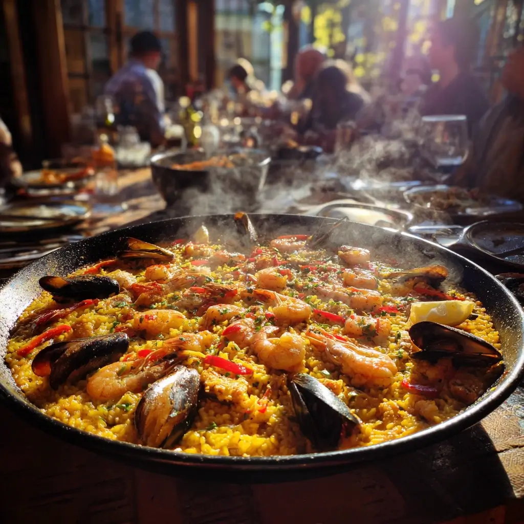 Paella Rezept mit Garnelen, Muscheln und Zitronenspalten dekoriert