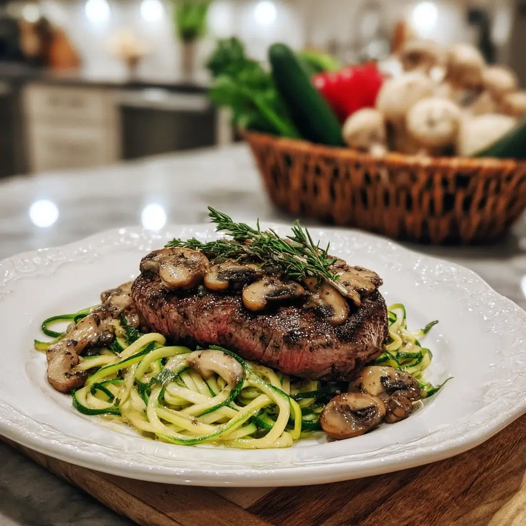 Sirloin steak mit Zucchini Nudeln und gebratenen Pilzen