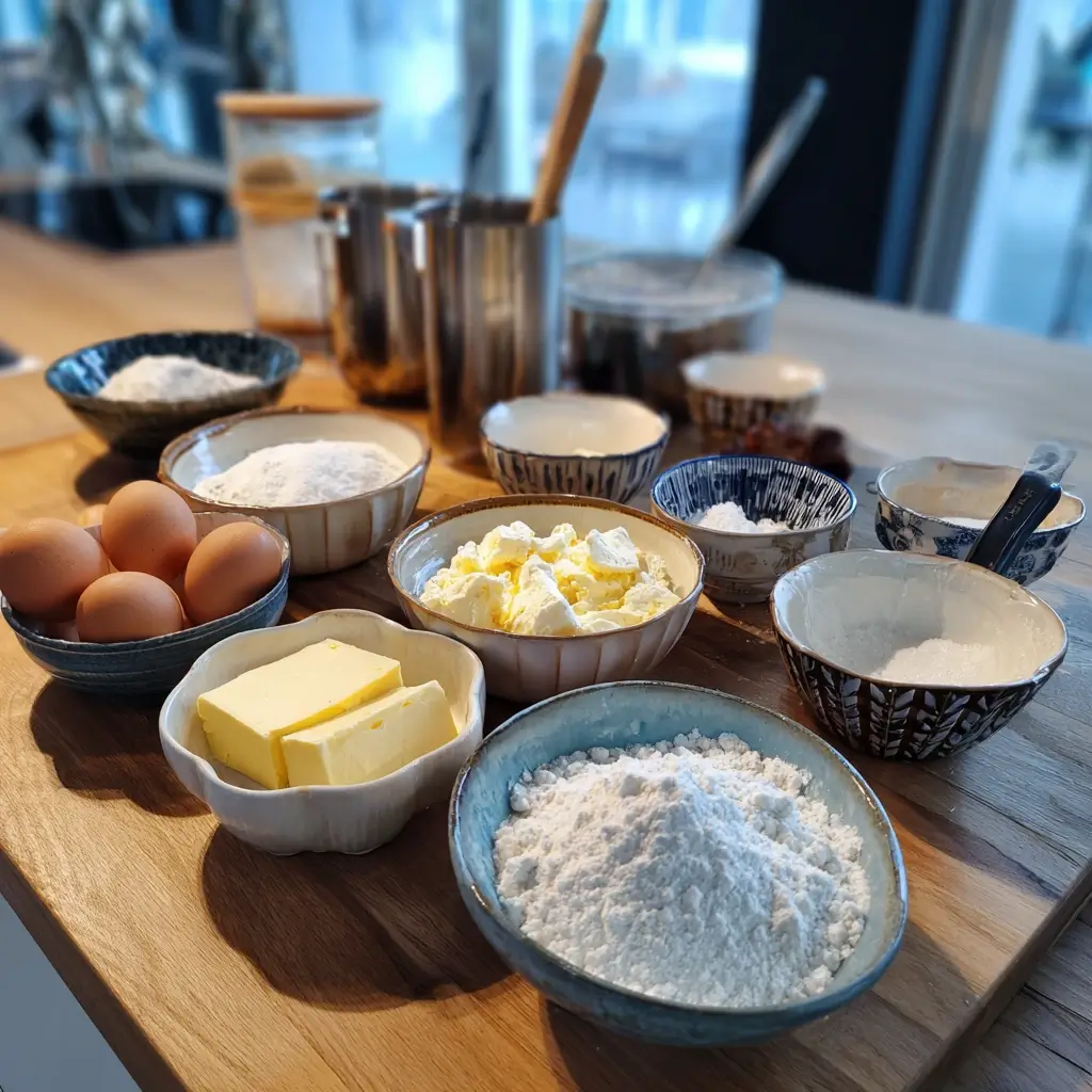 Zutaten für San Sebastian Cheesecake wie Frischkäse, Eier, Zucker und Sahne auf einer Arbeitsfläche.