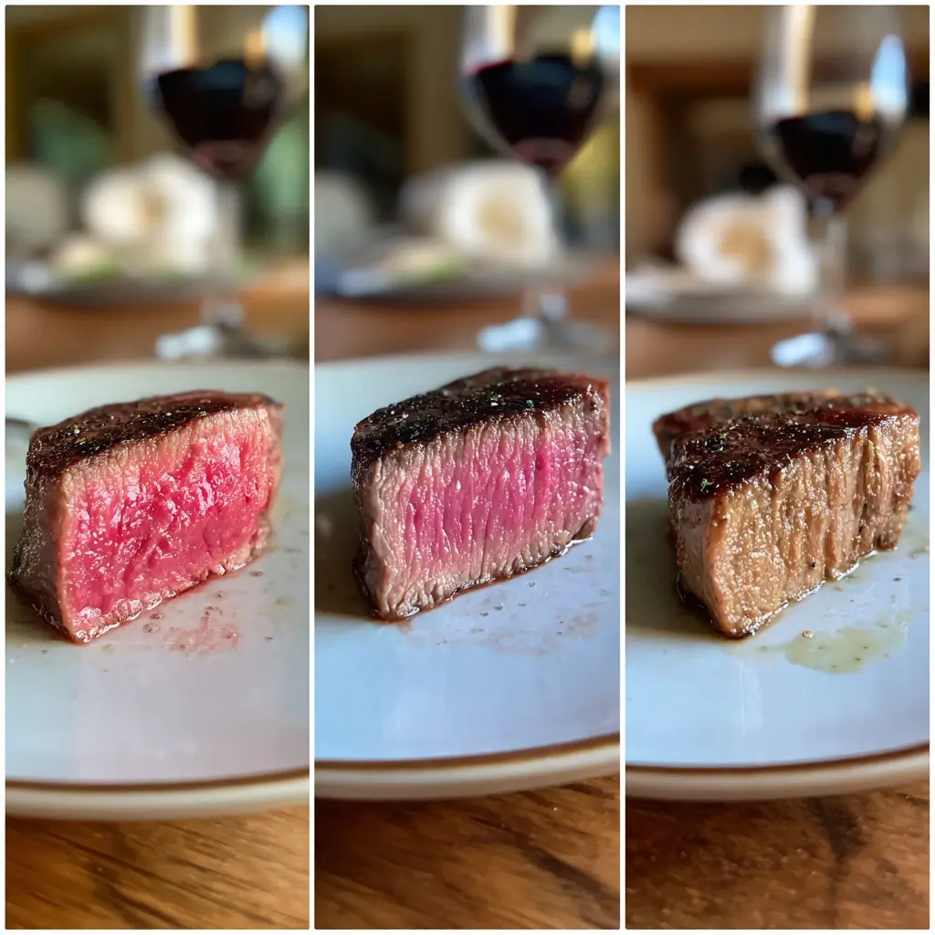Drei steak Scheiben mit verschiedenen Garpunkten rare, medium, well done