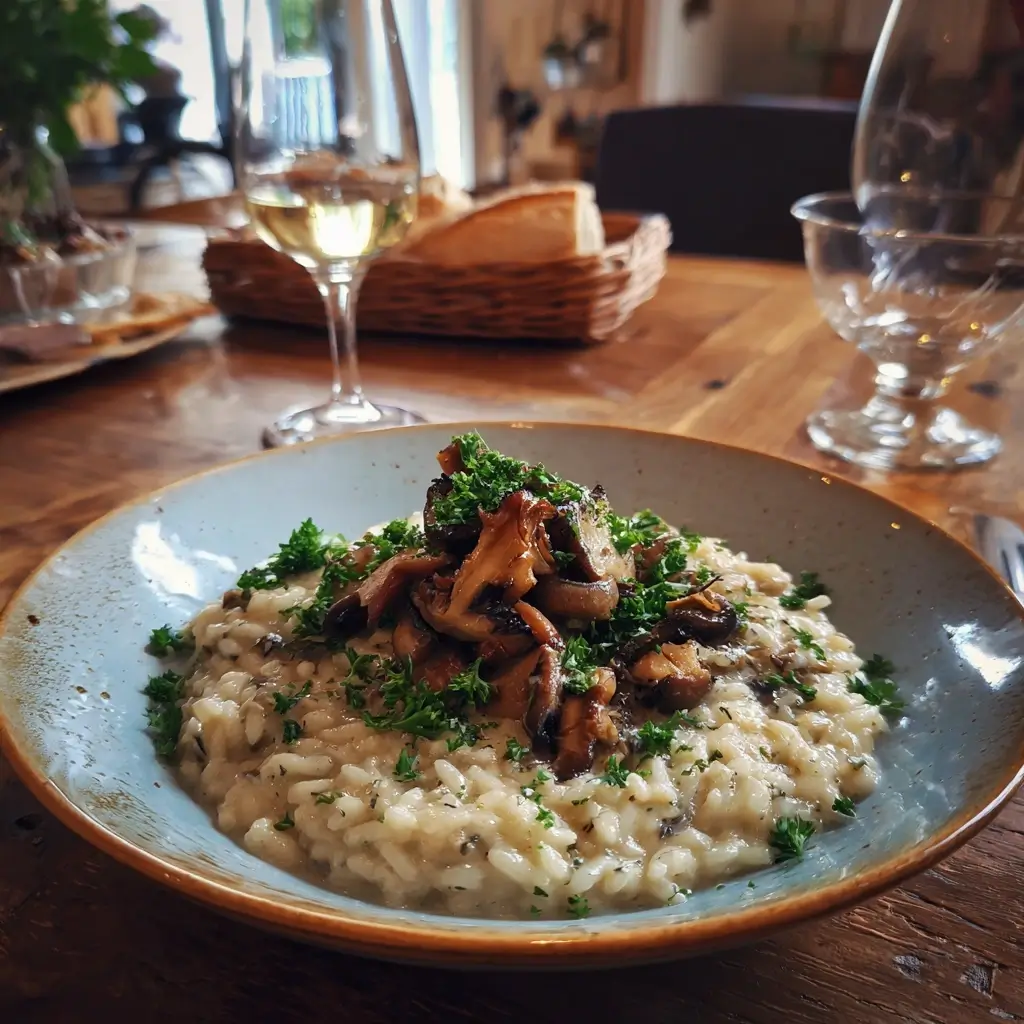 Risotto thermomix cremig serviert im weißen Teller mit Kräutern und Käse.