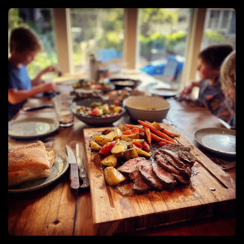 Familie beim Essen nach dem steak braten, mit servierten Steaks auf Holzbrett.