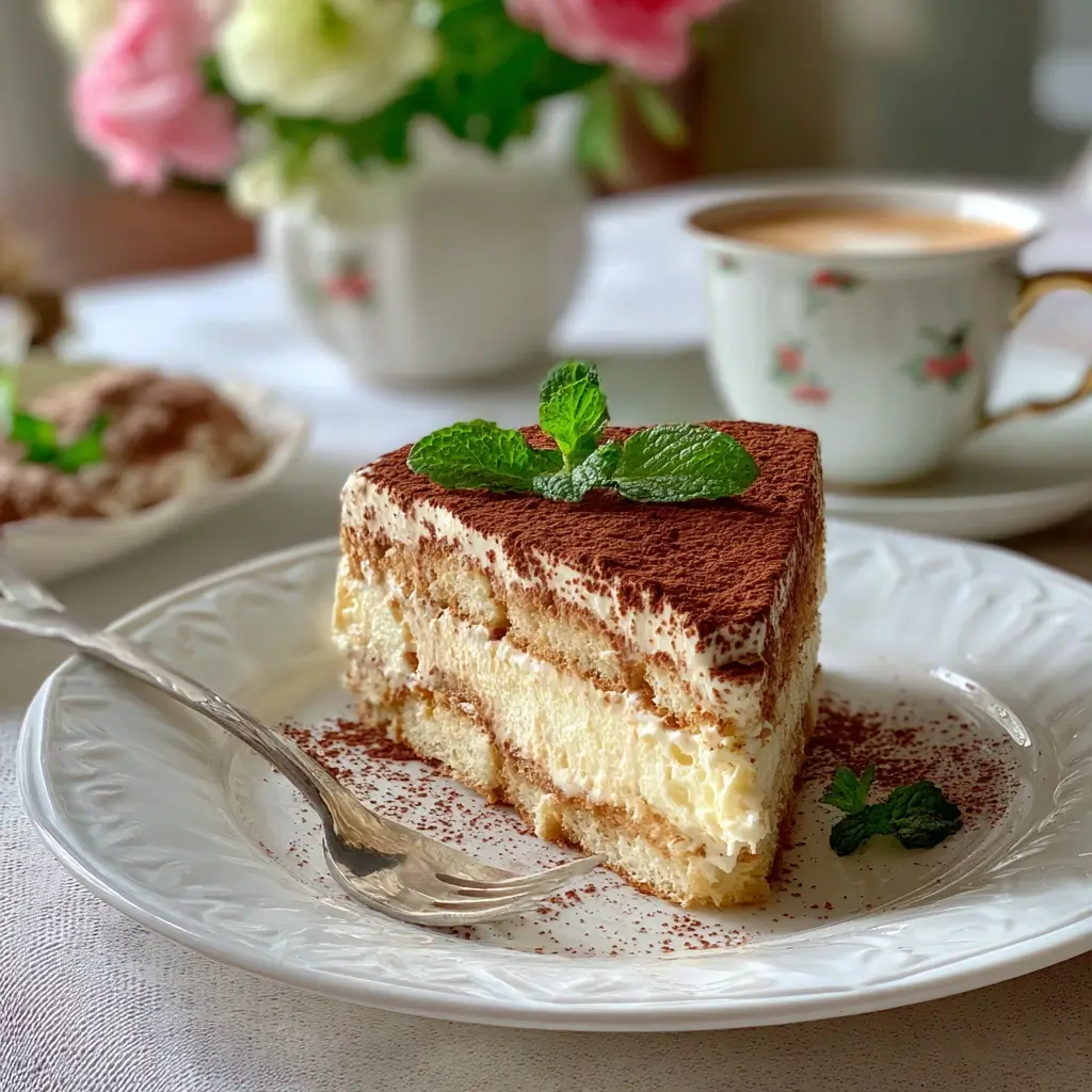 Ein Stück tiramisu torte auf weißem Teller mit Minze dekoriert