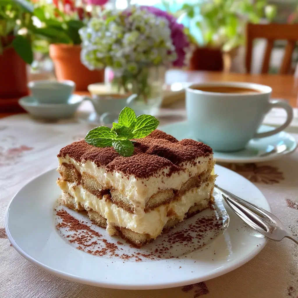Tiramisu torte wird mit feinem Kakaopulver bestäubt