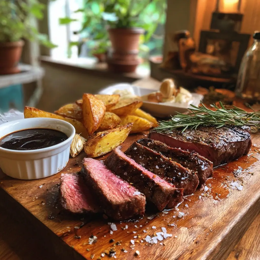 Saftiges sirloin steak medium rare auf Holzbrett mit Beilagen