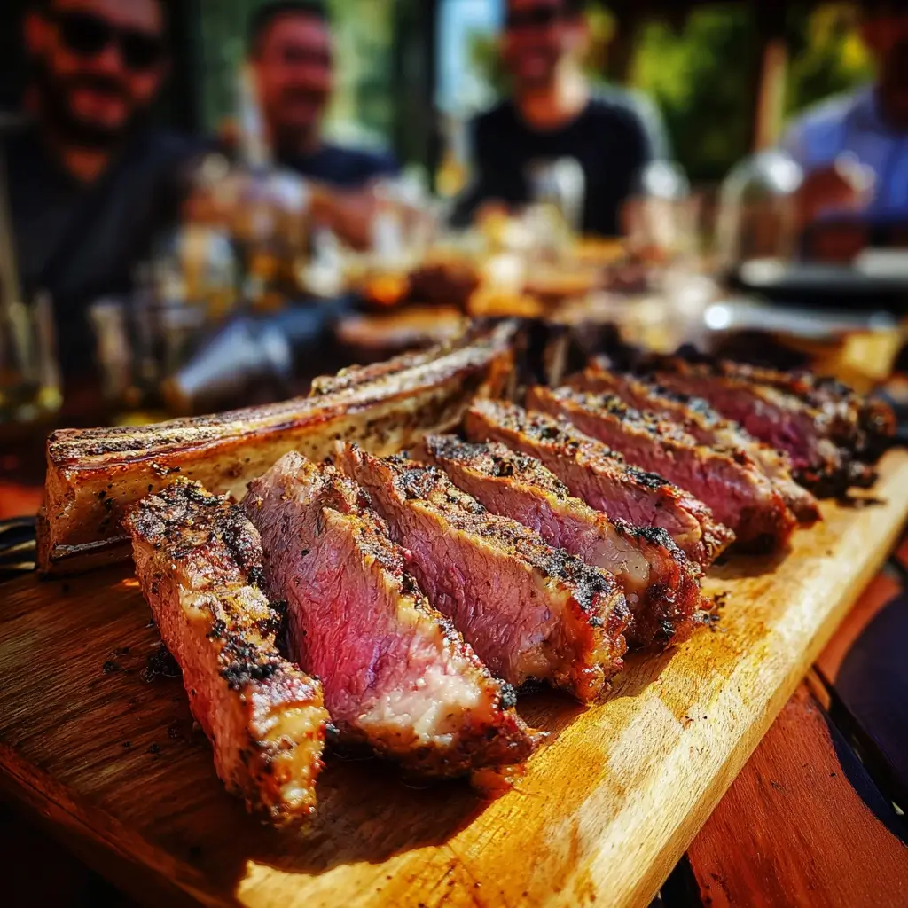 saftiges tomahawk steak auf einem Grillbrett serviert mit goldener Kruste