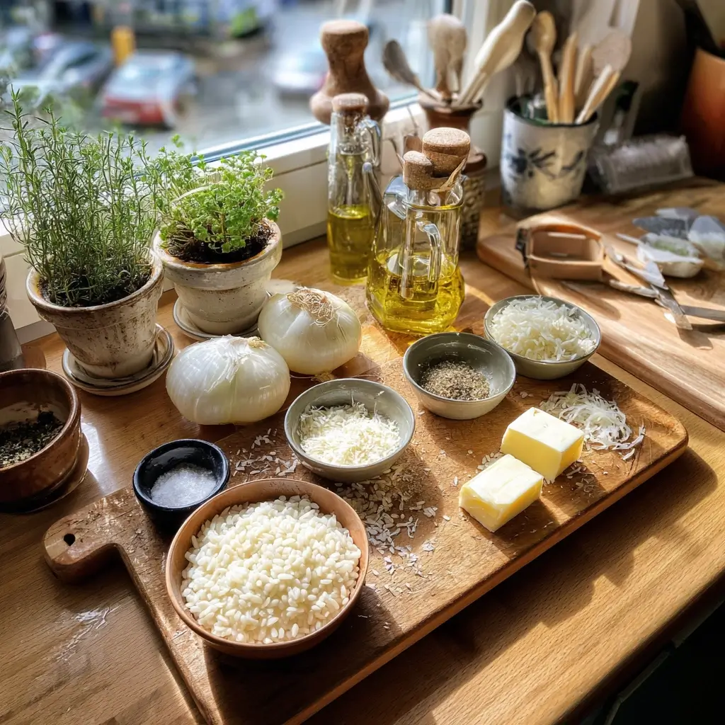 Zutaten für risotto thermomix: Risottoreis, Parmesan, Butter und Olivenöl auf Holzbrett.