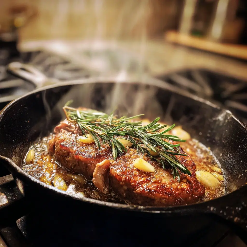 Sirloin steak brät in gusseiserner Pfanne mit Butter und Knoblauch