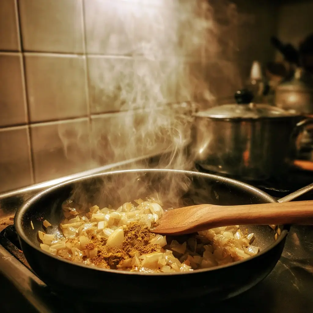 Curry Rezept Vorbereitung mit gewürfeltem Hähnchen, Zwiebeln, Knoblauch und Currypulver.