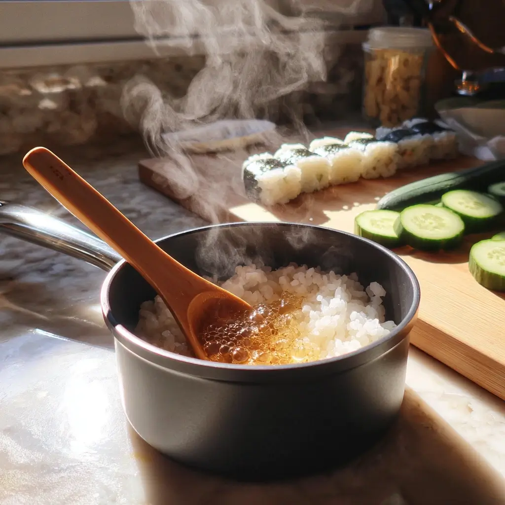 Sushi Reis kochen – heiße Essigmischung wird über frisch gekochten Sushi-Reis gegossen