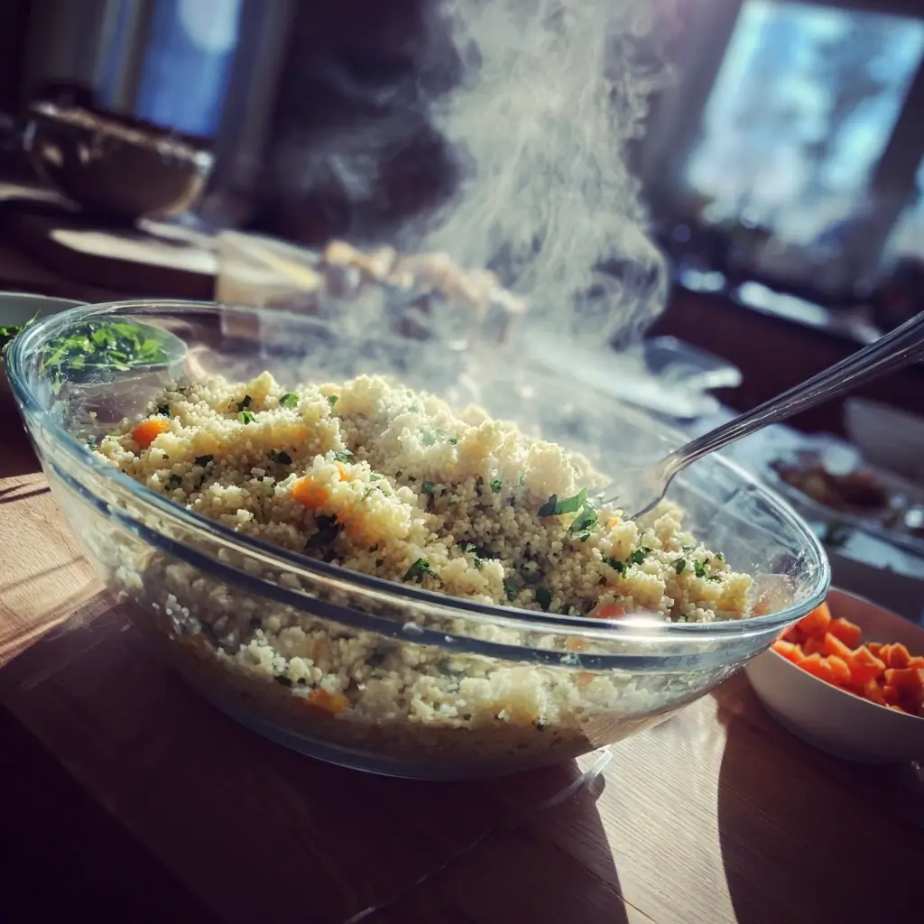 Couscous für couscous salat frisch aufgequollen in Glasschüssel
