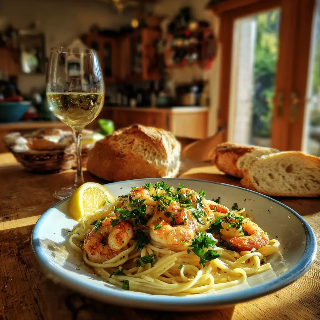 Servierte spaghetti mit garnelen auf weißem Teller mit Zitrone