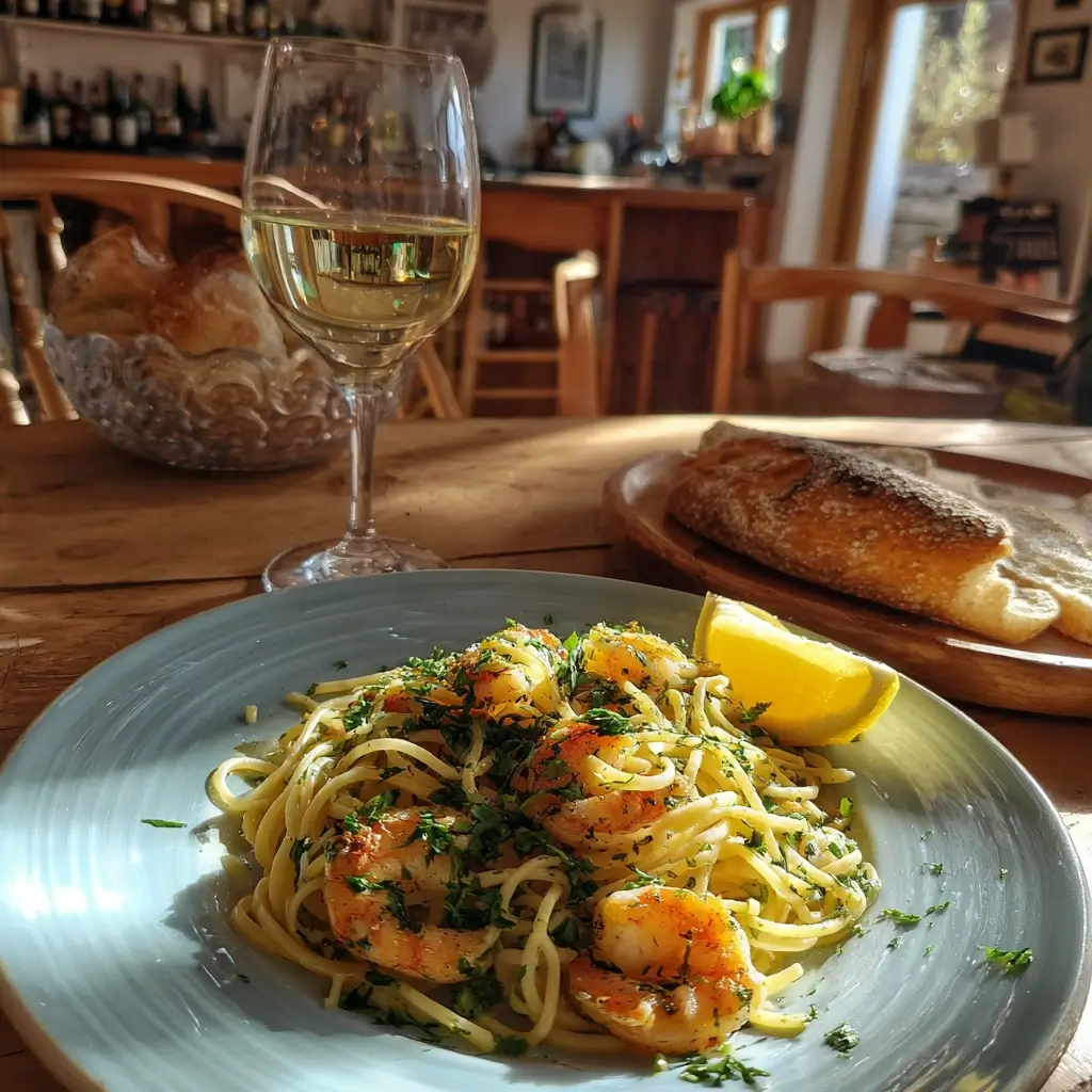 Frau genießt spaghetti mit garnelen in gemütlicher Küche