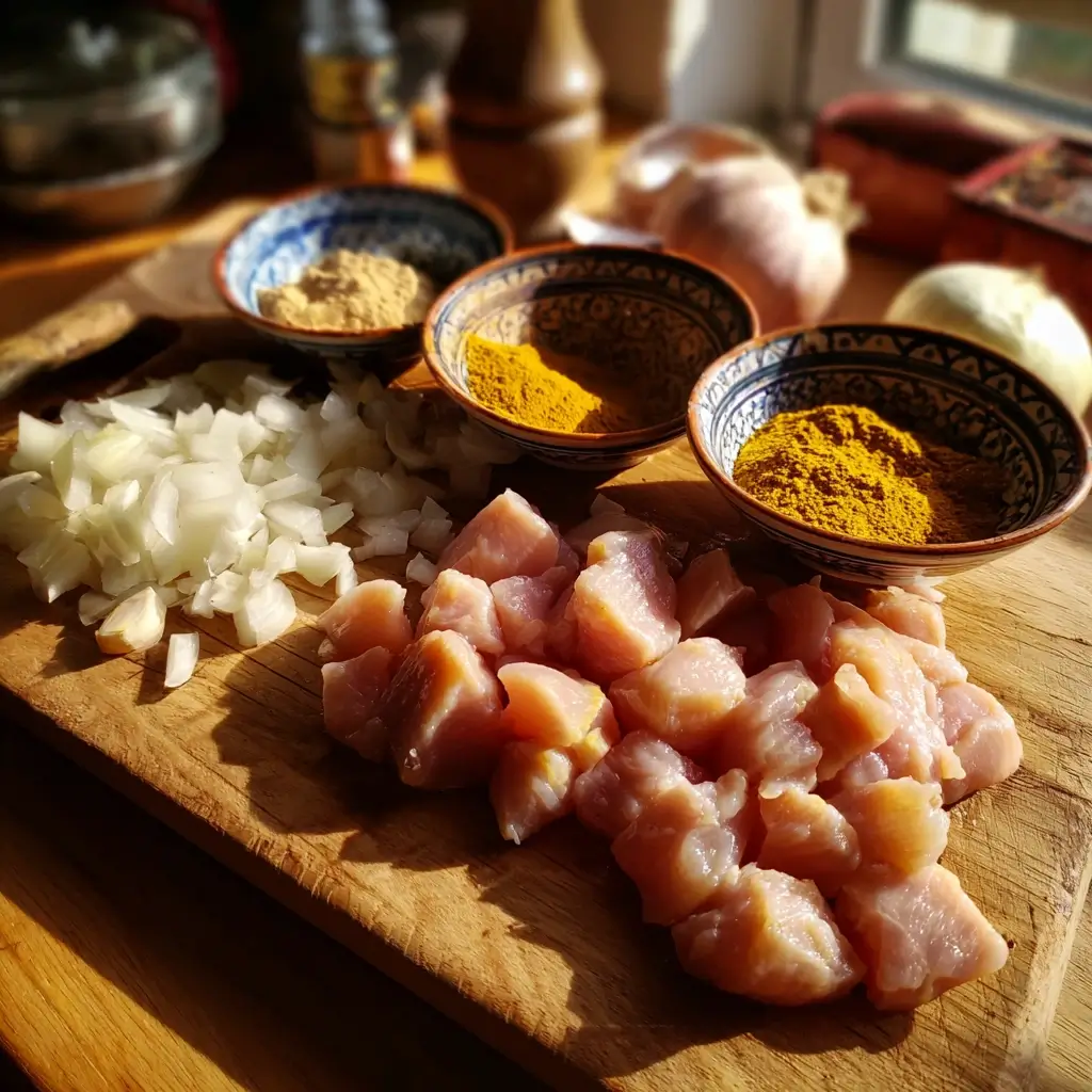 Curry Rezept Zutaten: Hähnchen, Zwiebeln, Knoblauch, Ingwer, Currypulver, Tomaten und Kokosmilch.