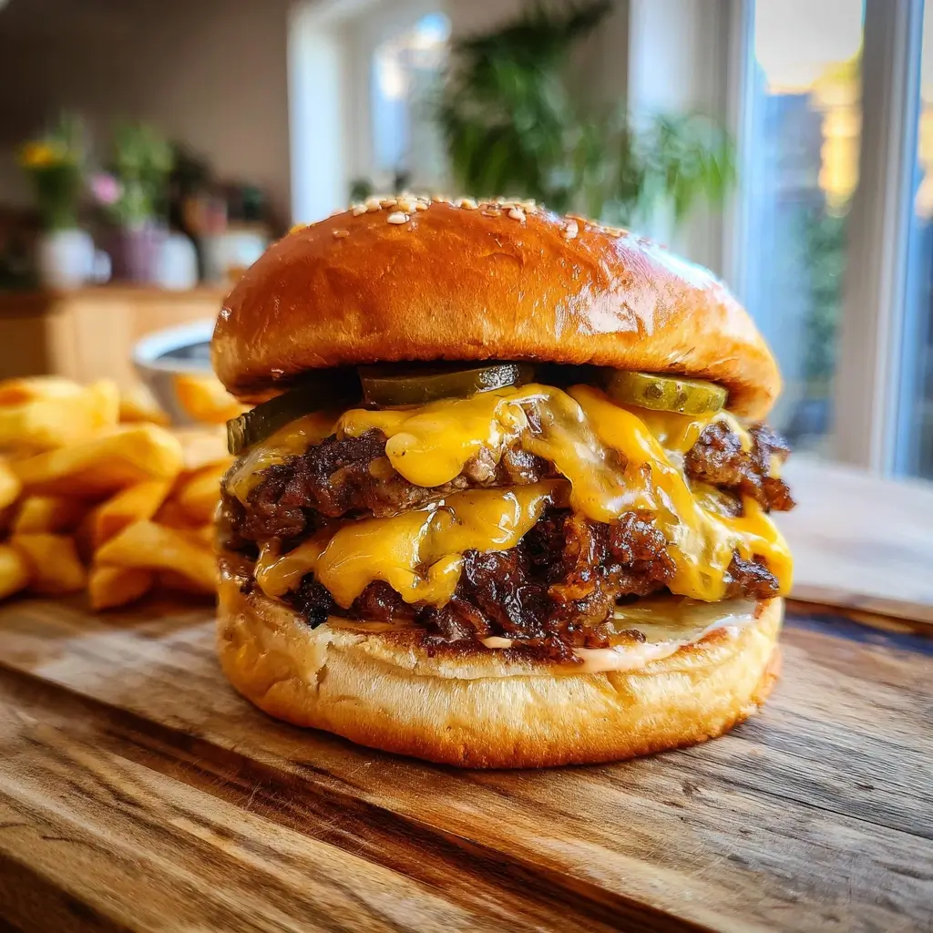 Smashed Burger mit zwei Patties, geschmolzenem Cheddar und knusprigen Rändern auf Holzbrett serviert