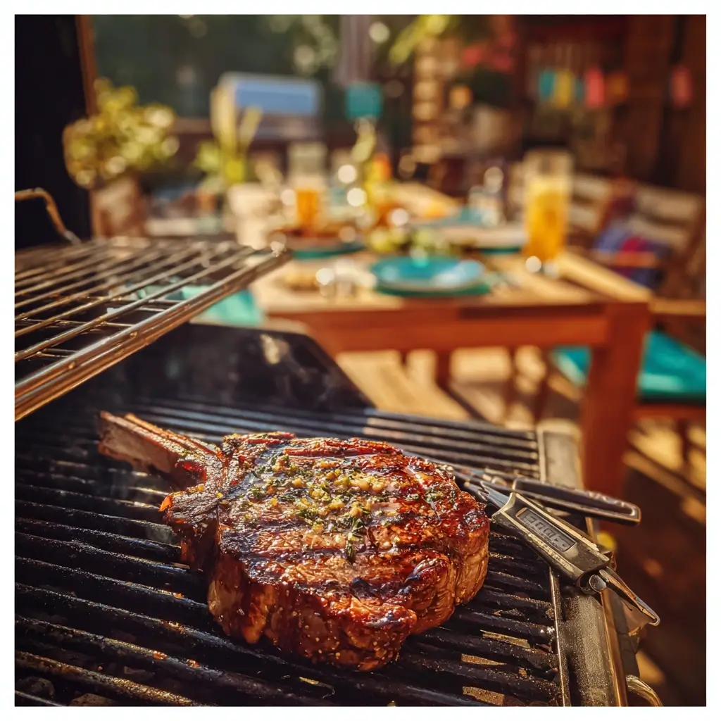 tomahawk steak mit grillthermometer zeigt perfekte kerntemperatur