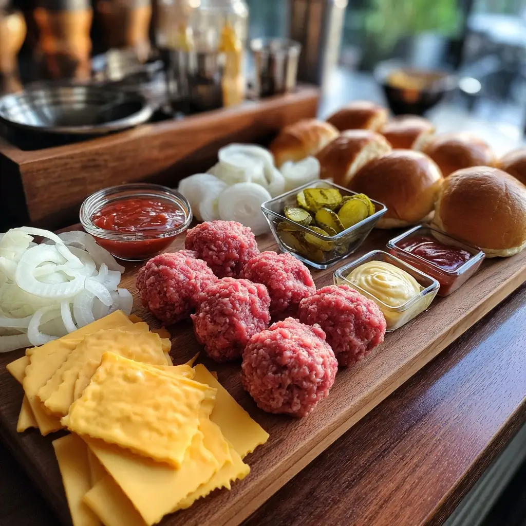 Zutaten für smashed burger mit Rinderhack, Cheddar, Brioche-Buns und Soßen