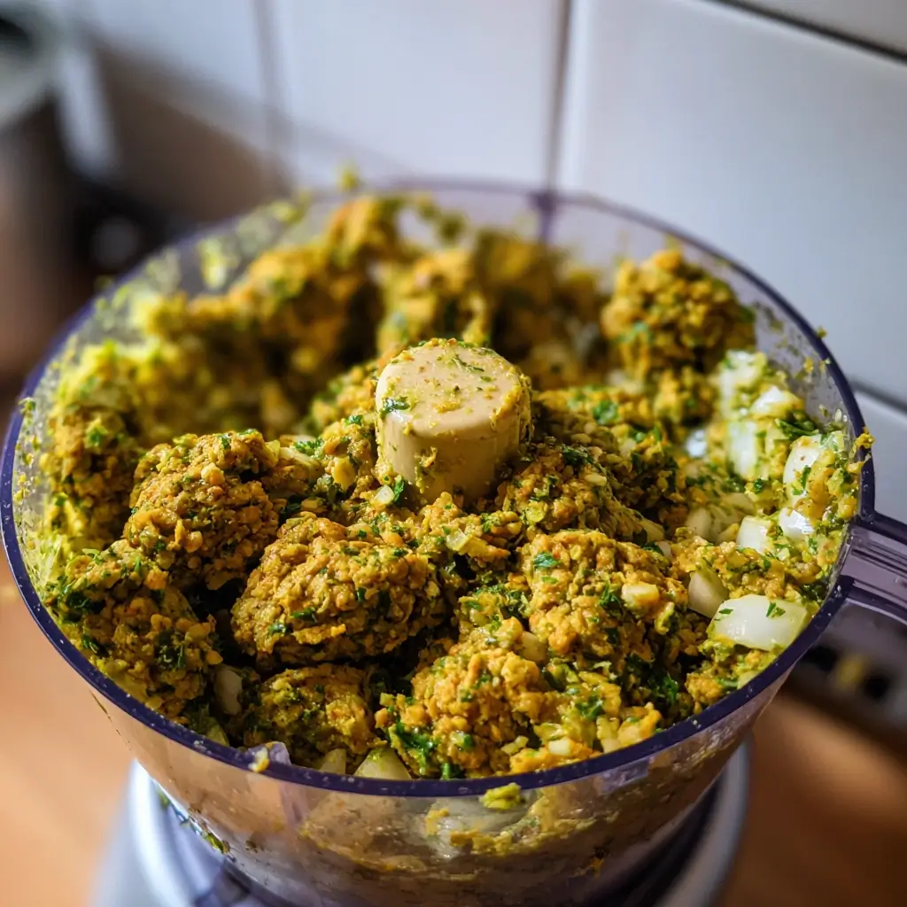 Falafel Rezept Mischung im Mixer mit Kräutern und Gewürzen