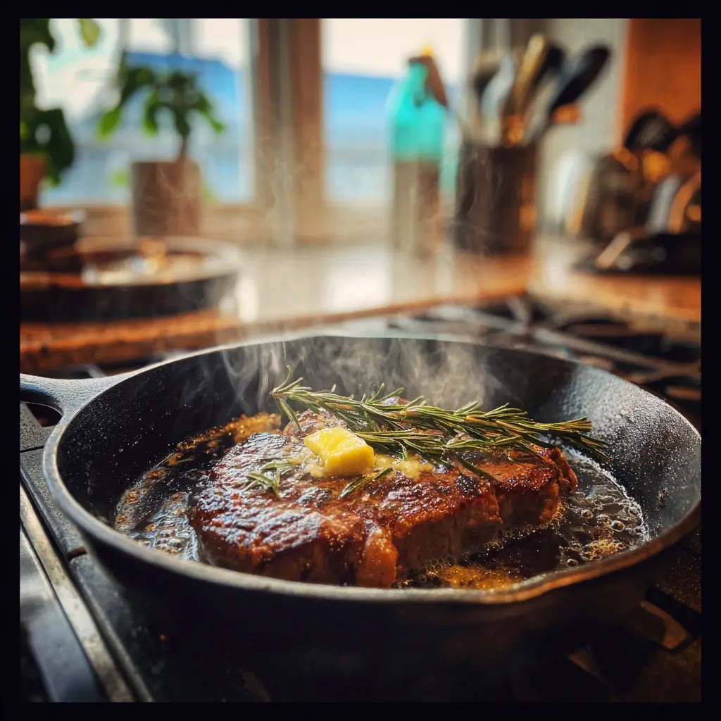 Steak braten in einer gusseisernen Pfanne mit Butter, Knoblauch und Rosmarin.