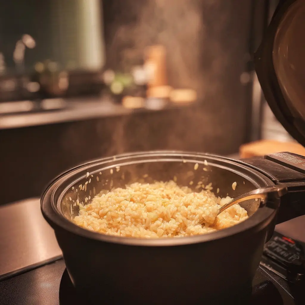 Risotto thermomix Reis und Zwiebeln glasig anschwitzen im Thermomix Behälter.
