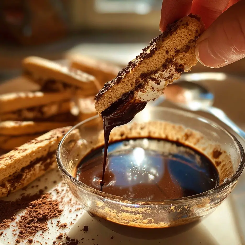 Löffelbiskuits werden in Espresso getaucht für tiramisu torte