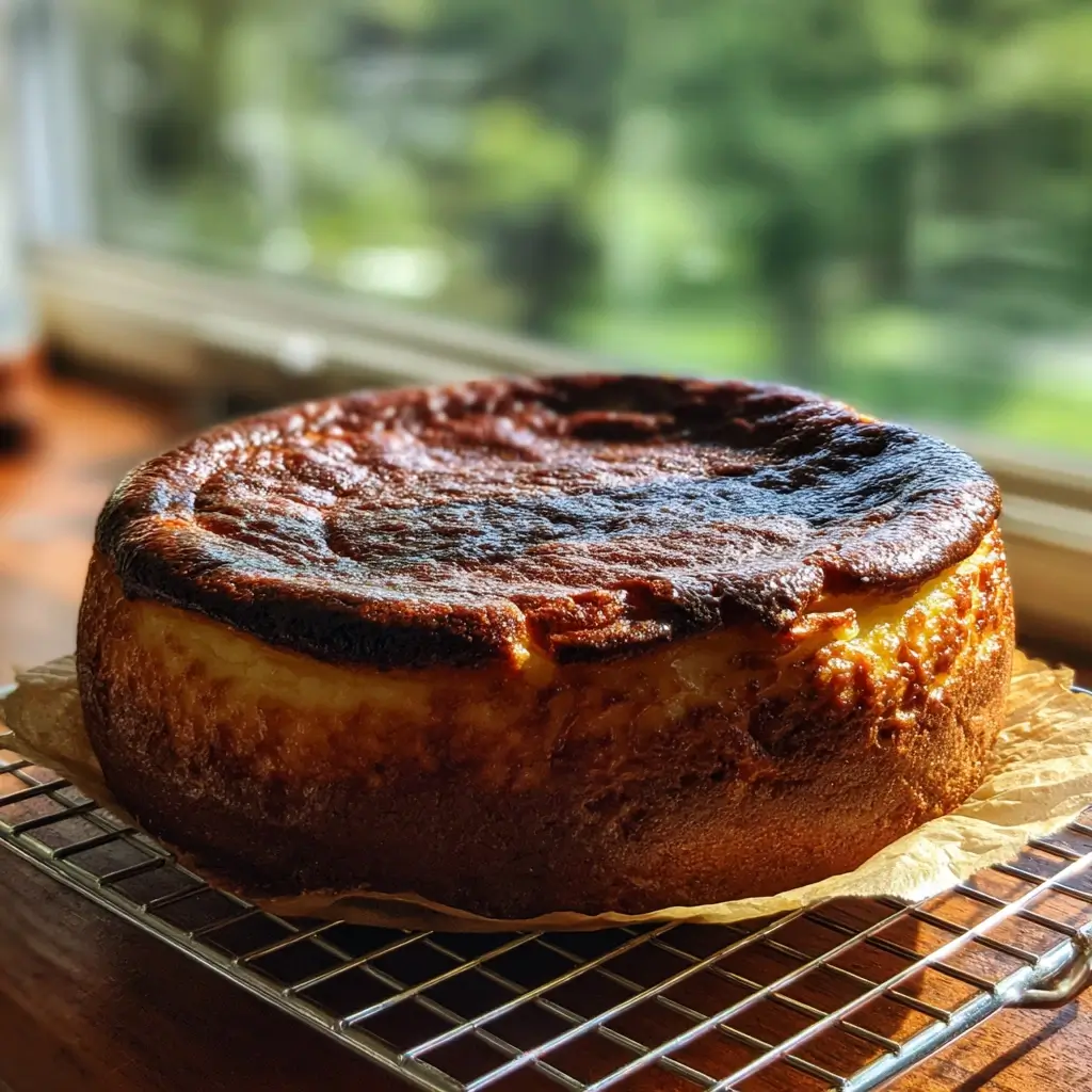 Frisch gebackener San Sebastian Cheesecake auf einem Gitter zum Abkühlen.