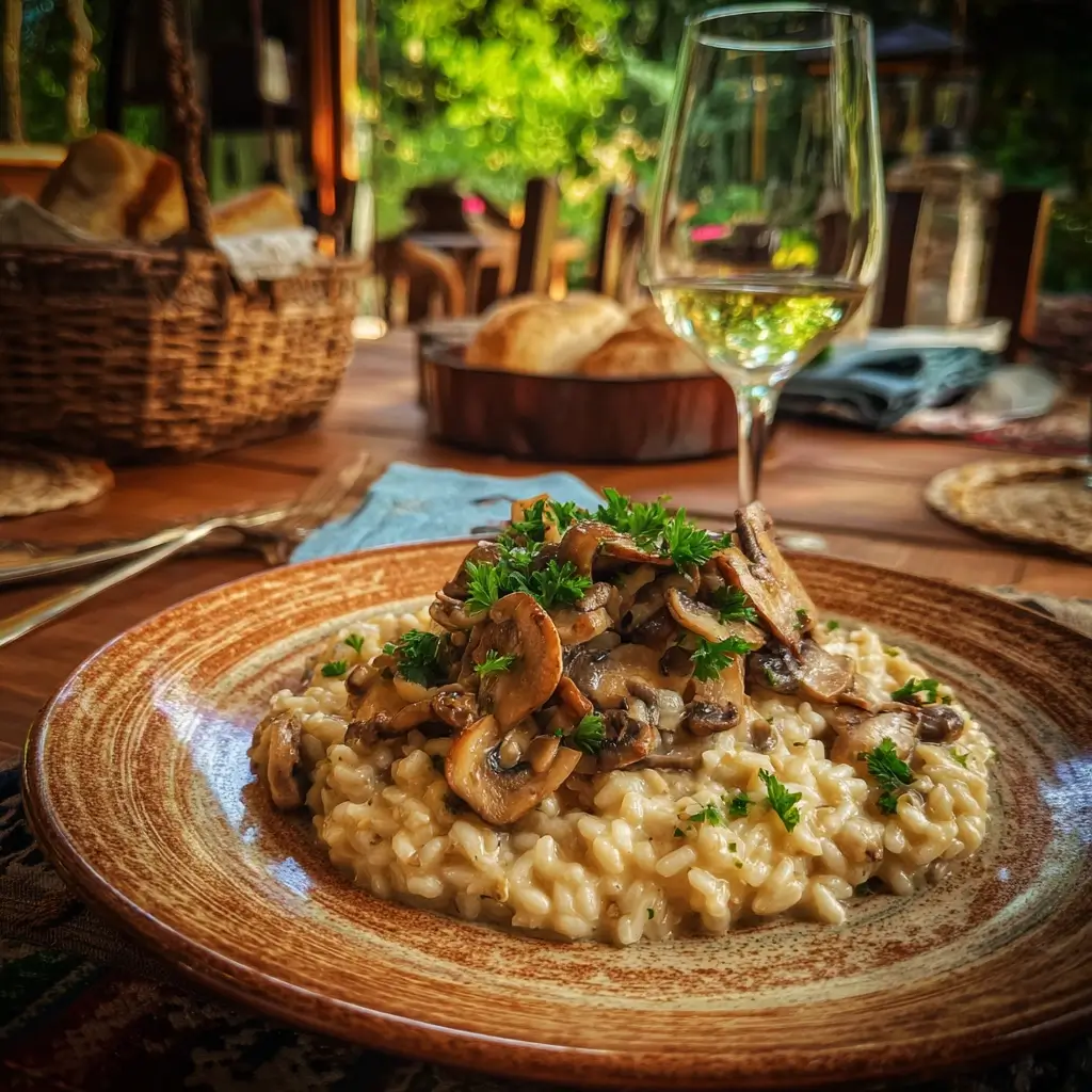 Pilzrisotto thermomix serviert mit gebratenen Champignons und Petersilie.
