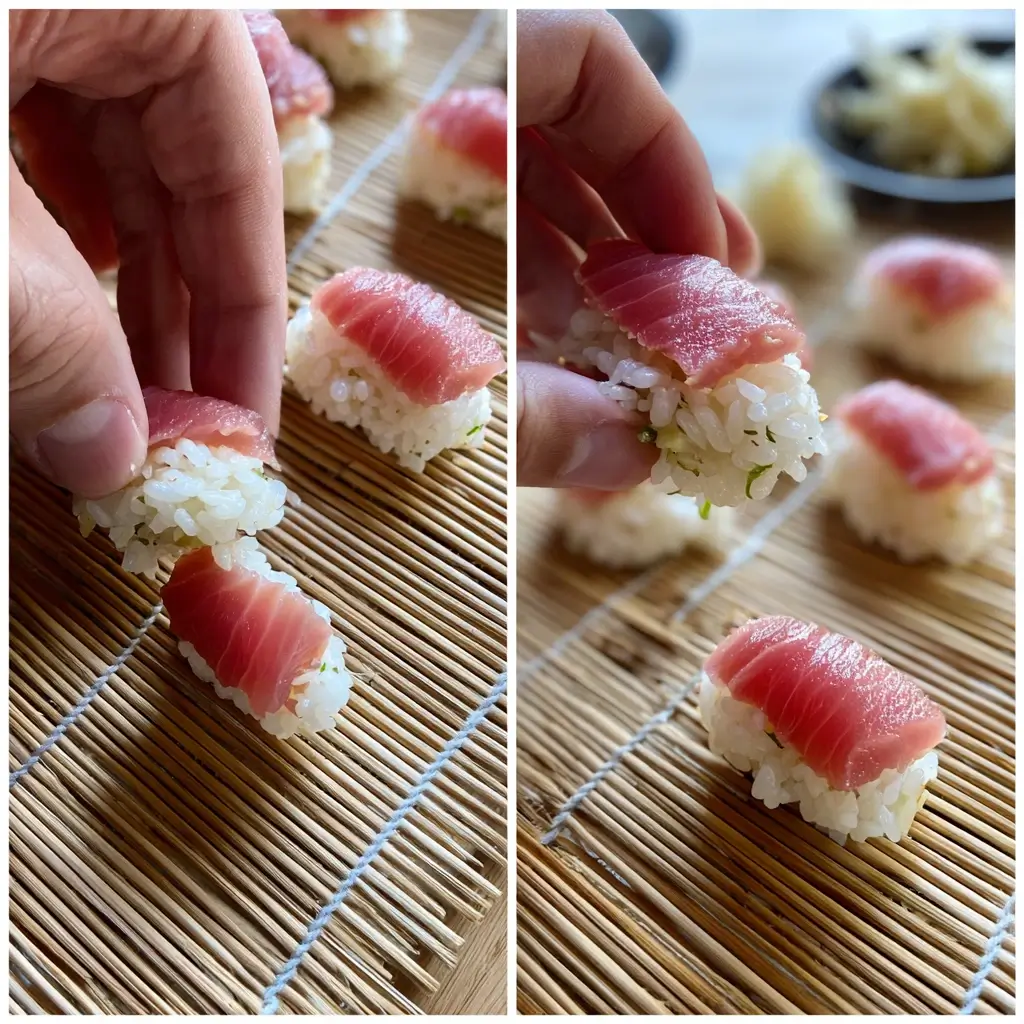 Frischer Thunfisch wird in dünne Scheiben geschnitten – sushi rezept für Nigiri mit Sashimi-Qualität.