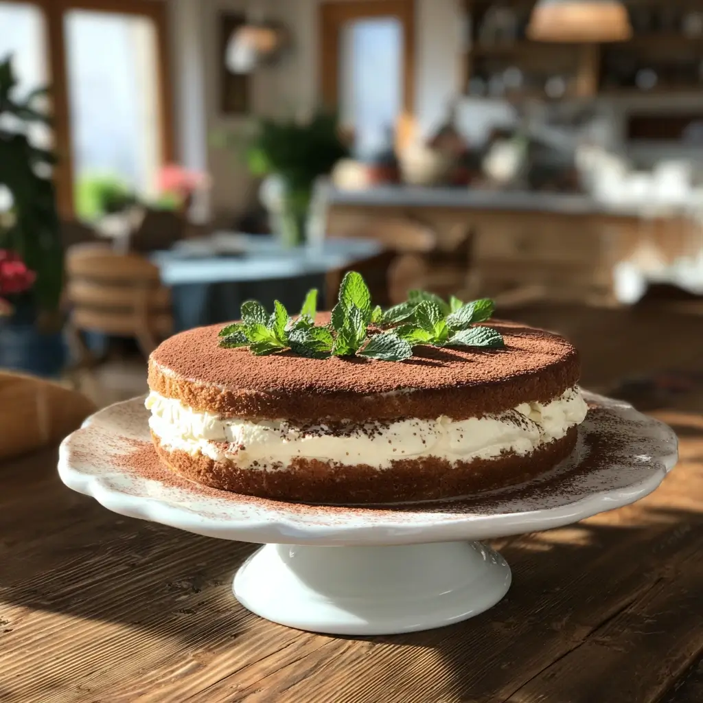 Ganze tiramisu torte auf Kuchenständer mit Kakao und Minze dekoriert