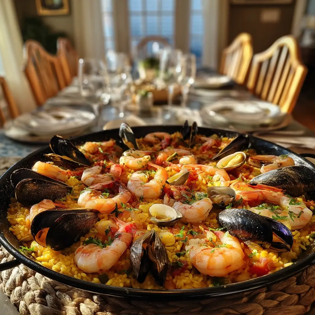 Paella mit Garnelen, Muscheln und Calamari in Safranreis