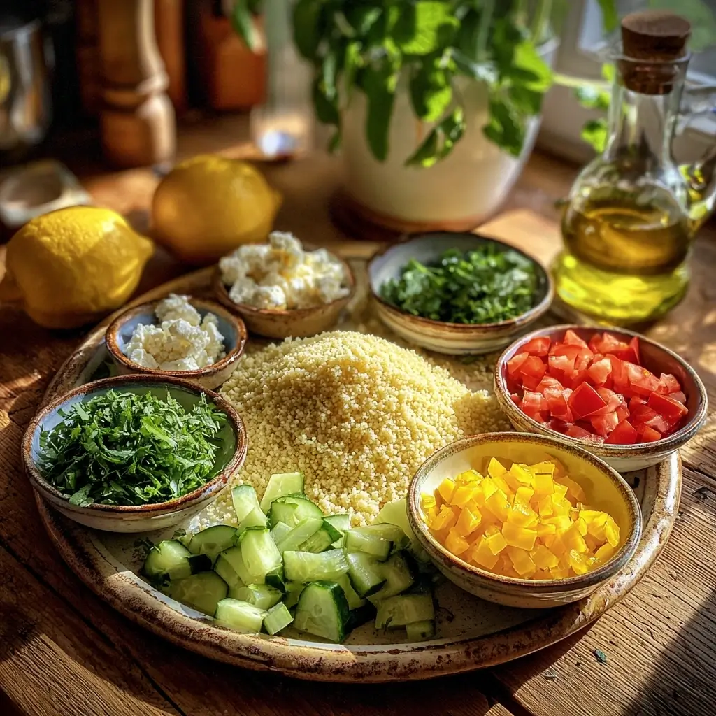 Zutaten für couscous salat auf rustikalem Holztisch angerichtet