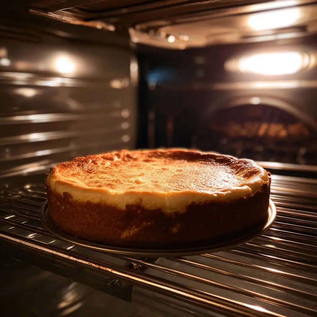 San Sebastian Cheesecake beim Backen im Ofen mit goldbrauner Oberfläche.