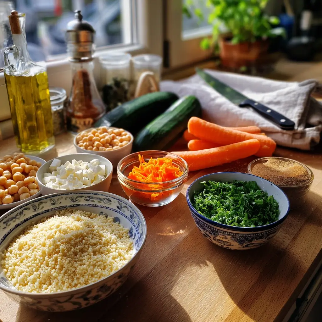 Zutaten für Couscous Rezept wie Couscous, Gemüse, Kichererbsen und Feta auf einem Holztisch
