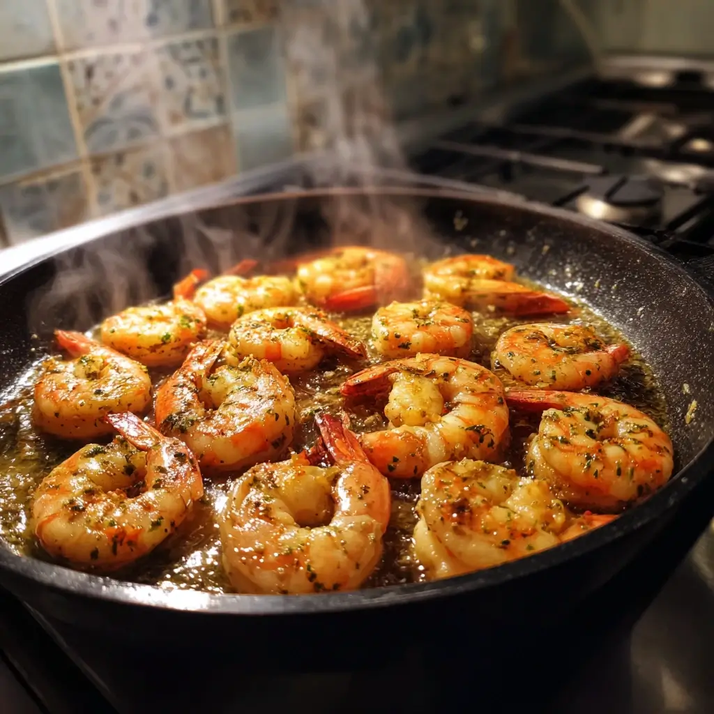 Garnelen mit Knoblauch und Olivenöl für spaghetti mit garnelen in der Pfanne