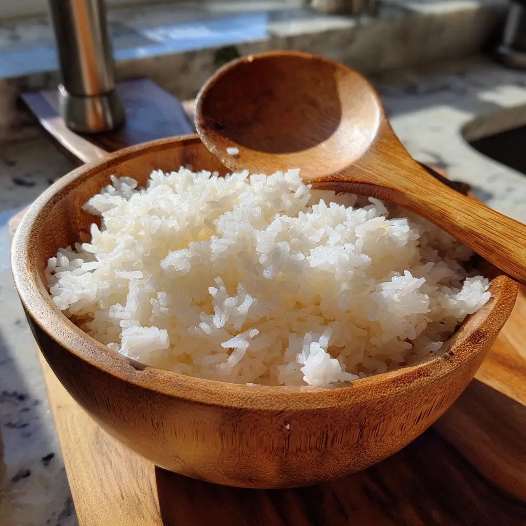 Frisch gekochter Sushi-Reis in einer Holzschüssel – sushi rezept Schritt eins für perfektes Nigiri.