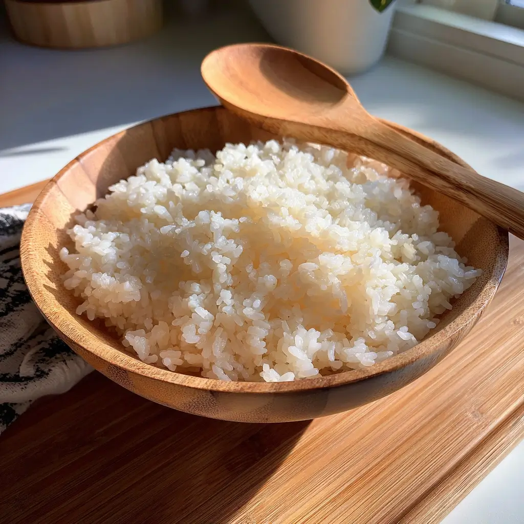 Sushi-Reis für tempura sushi in einer Holzschüssel mit Bambusmatte im Hintergrund.