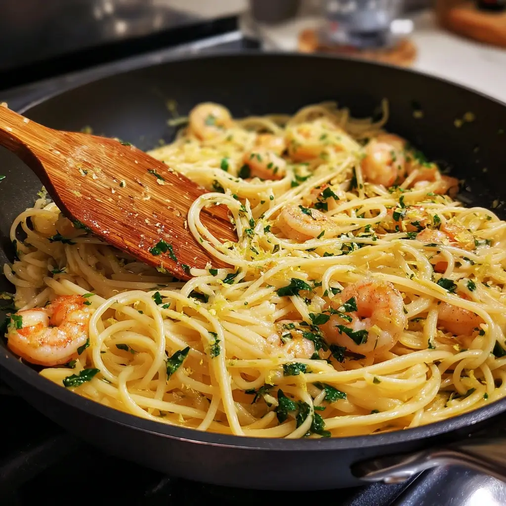 Spaghetti mit garnelen, Knoblauch und Petersilie in der Pfanne
