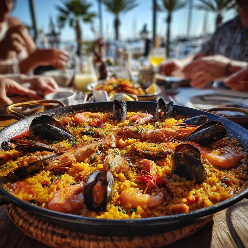 Paella Pfanne auf Tisch, serviert für Familie und Freunde