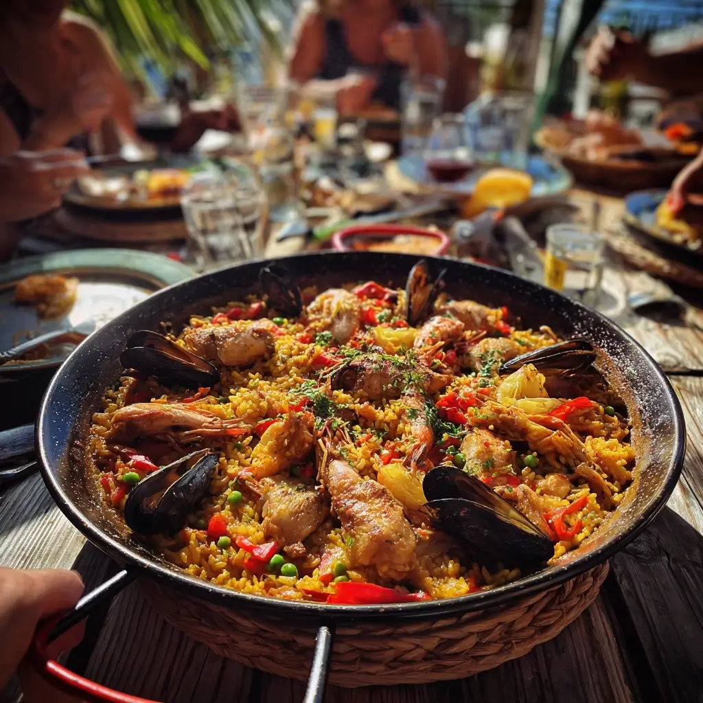 Muscheln und Garnelen dekorativ in einer Paella Pfanne angerichtet