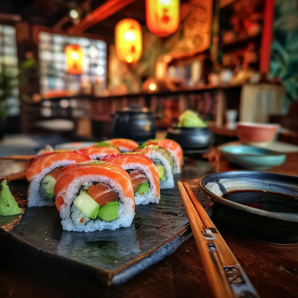 Saki maki sushi serviert mit Sojasauce und Wasabi in japanischem Restaurant