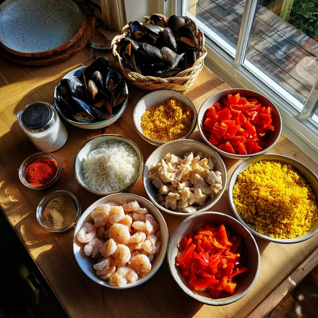 Paella Rezept Zutaten wie Reis, Safran, Paprika, Garnelen und Muscheln