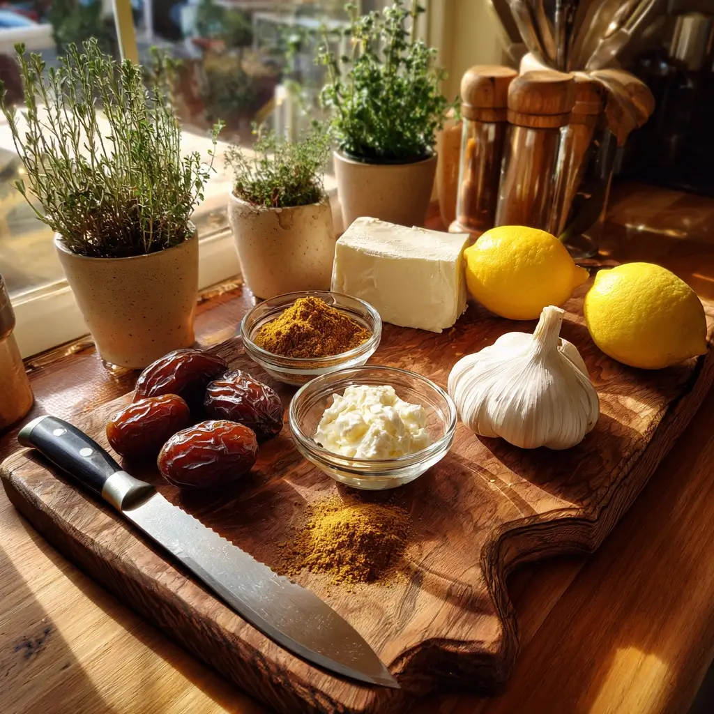 Zutaten für Dattel Curry Dip auf Holzbrett