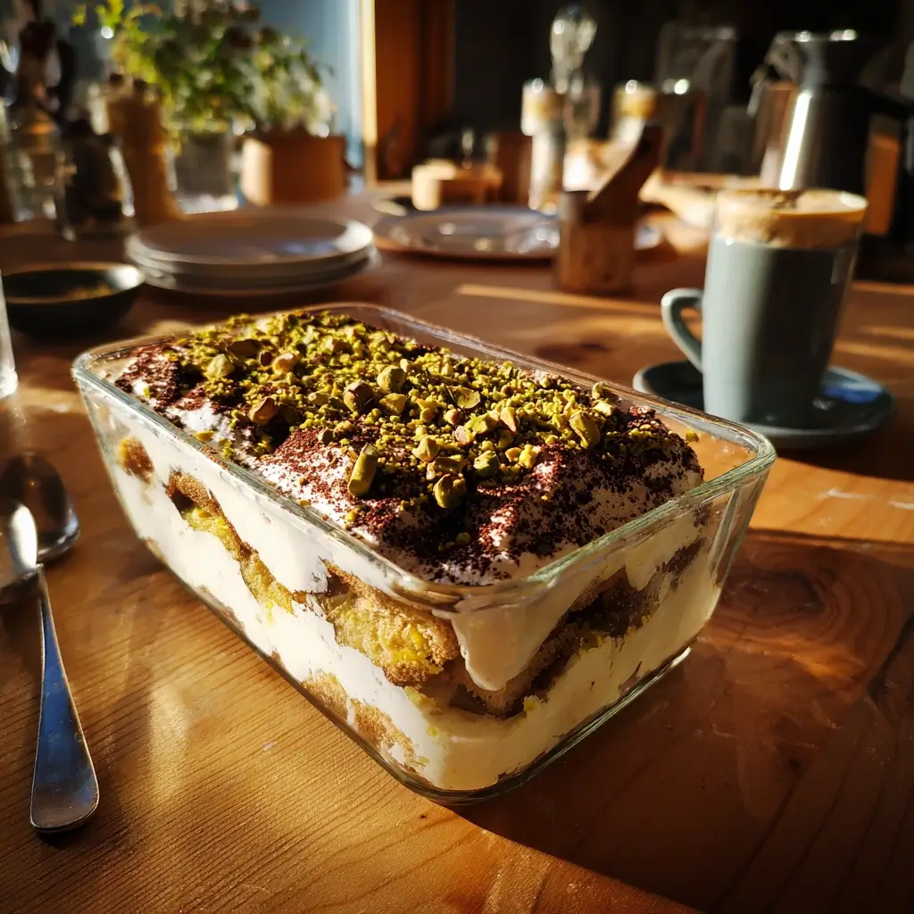 Pistazien Tiramisu als cremiges Dessert mit grüner Pistaziencreme.