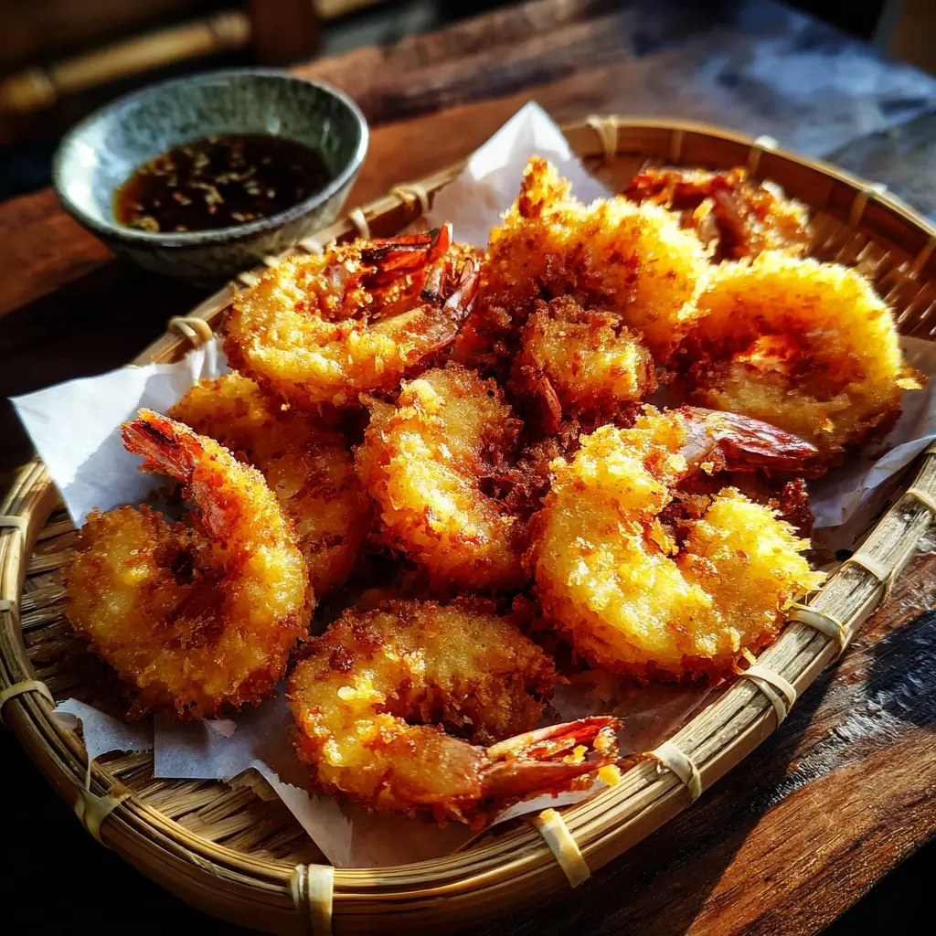 Knusprige Tempura-Garnelen für tempura sushi auf Bambustablett.