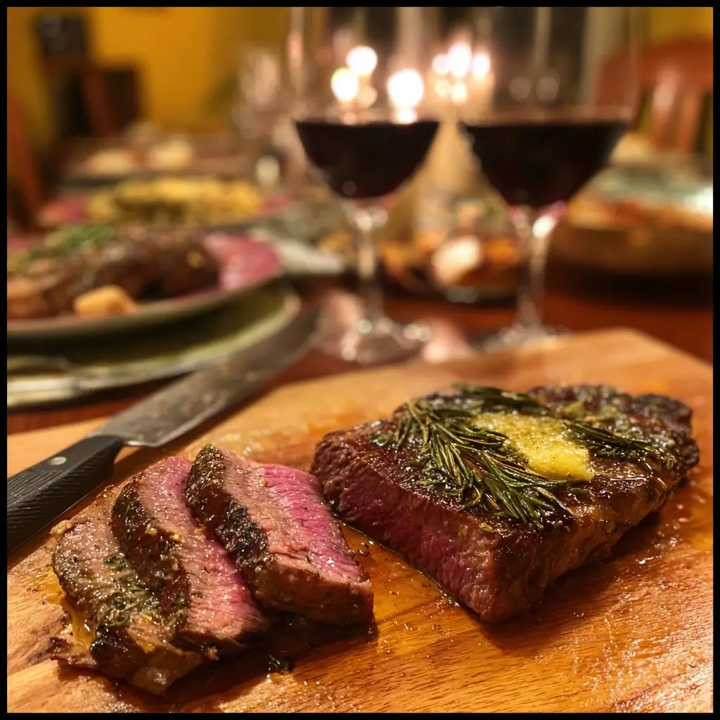 Steak mit Ofenkartoffeln, grünem Spargel und Pfeffersauce